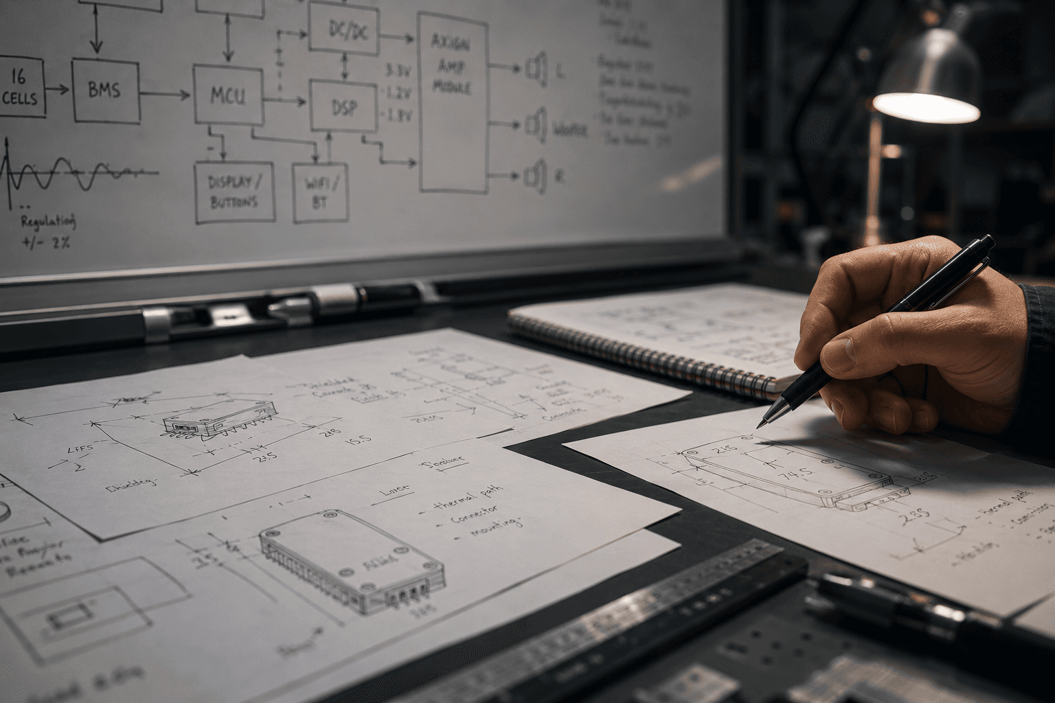 Engineer working through audio system diagrams